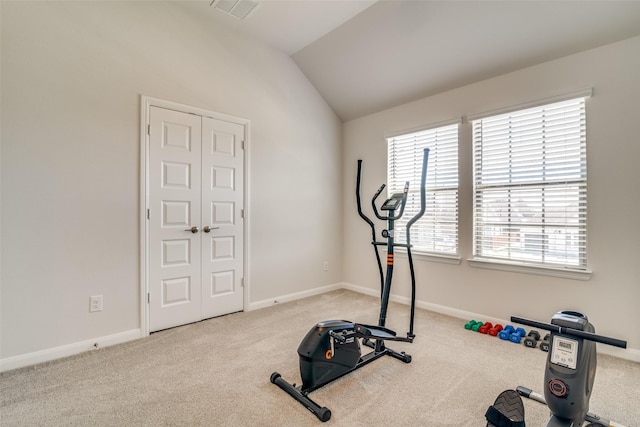 1314 Middleton Dr, Rockwall, TX 75087 - exercise area featuring vaulted ceiling, carpet floors, visible vents, and baseboards