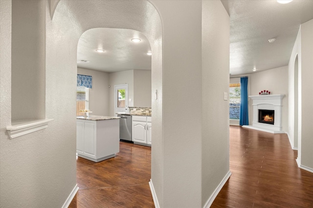 1509 Salado Trl, Weatherford, TX 76087 - corridor featuring dark wood-type flooring, arched walkways, baseboards, and a wealth of natural light