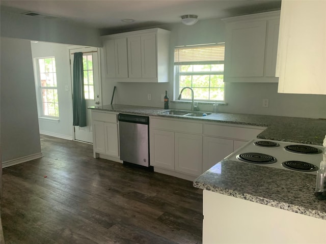 kitchen featuring a healthy amount of sunlight, stainless steel dishwasher, a sink, and white cabinets