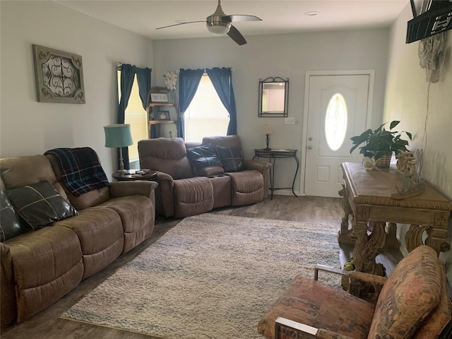 living room with ceiling fan, wood finished floors, and a healthy amount of sunlight