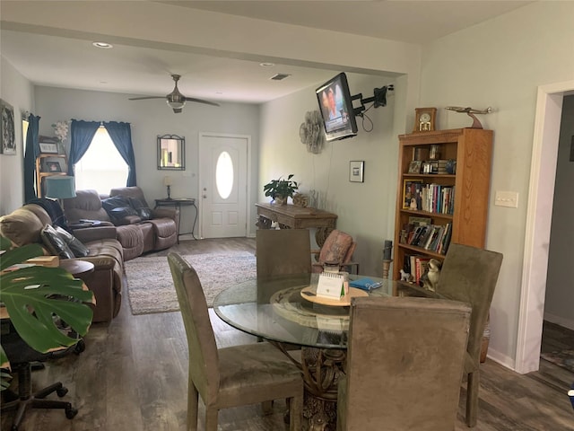 dining room with visible vents, ceiling fan, recessed lighting, and wood finished floors