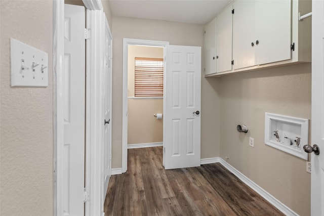 800 Western Hills Dr, Sherman, TX 75092 - laundry area with cabinet space, baseboards, hookup for a washing machine, and dark wood-style floors