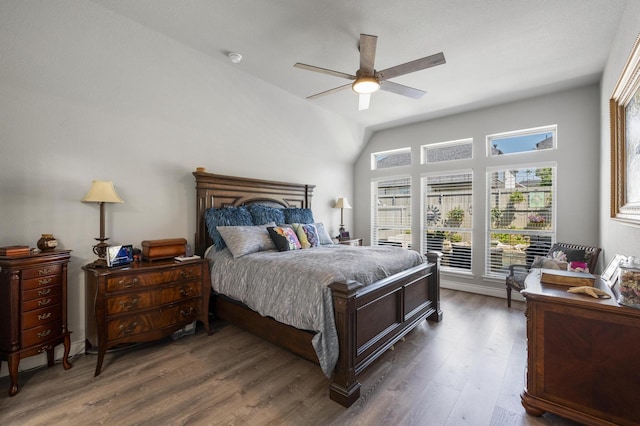 bedroom featuring multiple windows, a ceiling fan, and wood finished floors