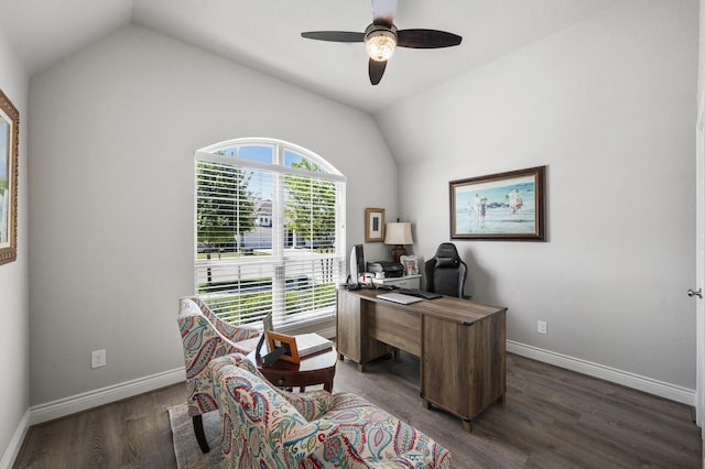office space featuring dark wood-style floors, baseboards, a ceiling fan, and lofted ceiling