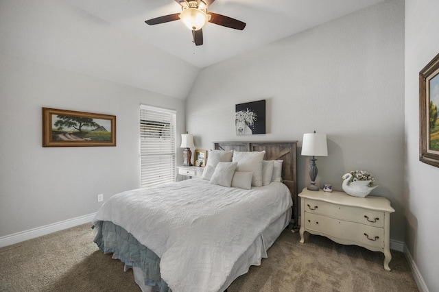 carpeted bedroom with ceiling fan, baseboards, and lofted ceiling