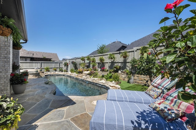 view of pool featuring a fenced in pool, a patio area, and a fenced backyard