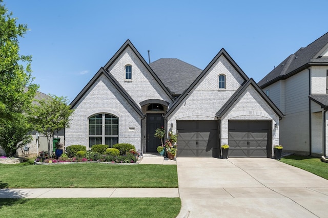 french country style house featuring brick siding, a front lawn, and concrete driveway