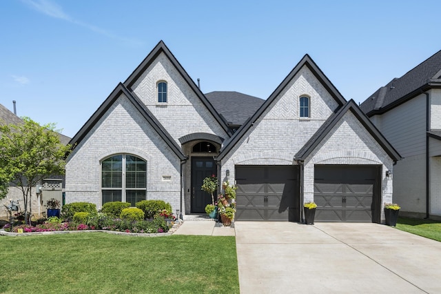 french country home with brick siding, a front yard, and concrete driveway