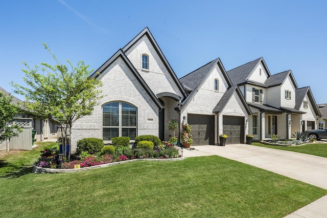 french country inspired facade featuring concrete driveway, a front lawn, and brick siding