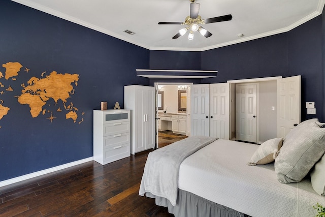 5800 Edgewood Dr, Mckinney, TX 75072 - bedroom featuring baseboards, ensuite bath, dark wood-style floors, visible vents, and ceiling fan