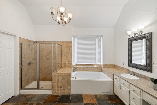 5800 Edgewood Dr, Mckinney, TX 75072 - full bathroom featuring a bath, a shower stall, vanity, and lofted ceiling