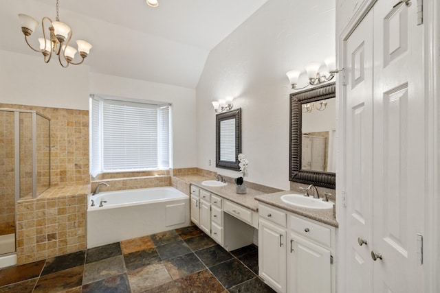 5800 Edgewood Dr, Mckinney, TX 75072 - full bathroom with a stall shower, a sink, and vaulted ceiling