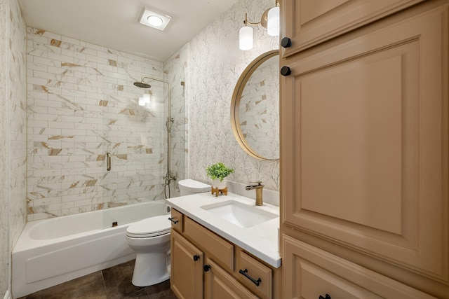 5800 Edgewood Dr, Mckinney, TX 75072 - bathroom featuring vanity, wallpapered walls, shower / washtub combination, tile patterned flooring, and toilet