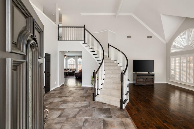 5800 Edgewood Dr, Mckinney, TX 75072 - foyer entrance featuring stairway, baseboards, visible vents, and high vaulted ceiling