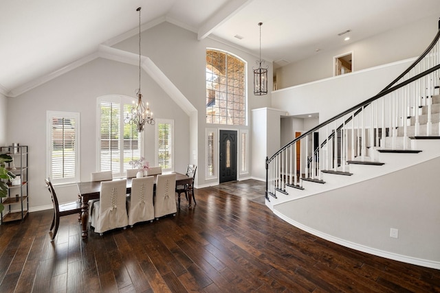 5800 Edgewood Dr, Mckinney, TX 75072 - dining room featuring a chandelier, dark wood finished floors, stairway, and high vaulted ceiling