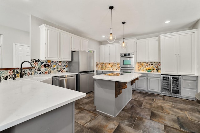 5800 Edgewood Dr, Mckinney, TX 75072 - kitchen with decorative backsplash, stainless steel appliances, wine cooler, and a sink