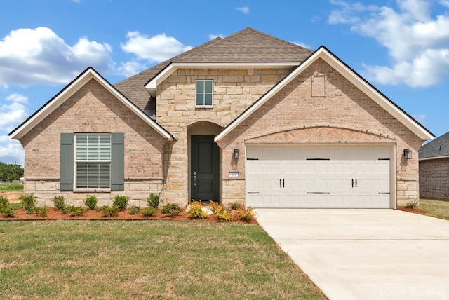 view of front of house featuring a front yard, a garage, brick siding, driveway, and roof with shingles