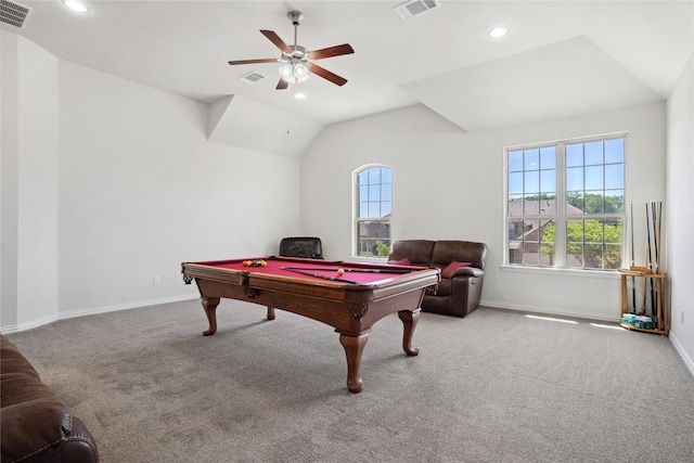 1811 Morning Mist Way, Wylie, TX 75098 - rec room featuring billiards, carpet flooring, baseboards, vaulted ceiling, and recessed lighting