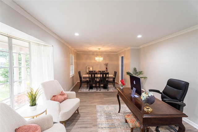1711 Tamarack Dr, Dallas, TX 75228 - living room with light wood-style flooring, recessed lighting, ornamental molding, a chandelier, and baseboards