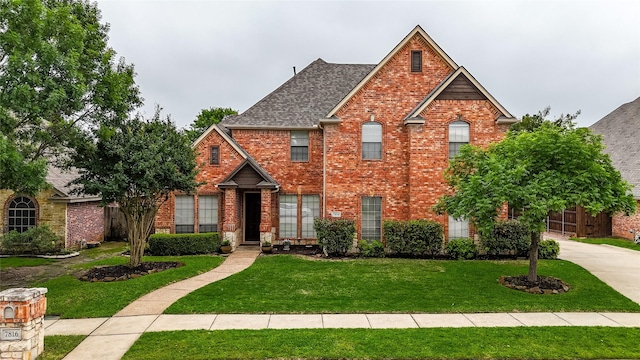 traditional-style home with brick siding, a front lawn, and roof with shingles