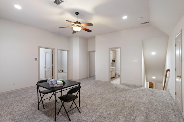 dining area featuring baseboards, ceiling fan, light carpet, and visible vents