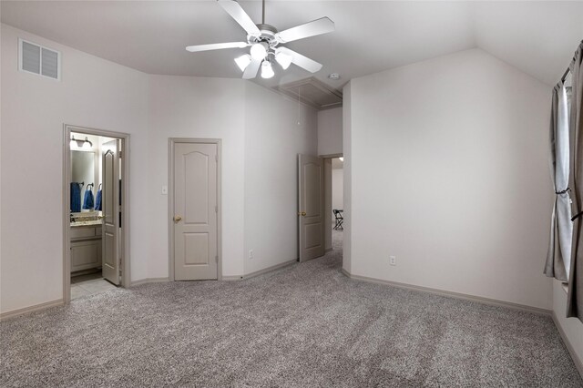 7816 Shady Oaks Dr, North Richland Hills, TX 76182 - unfurnished bedroom with attic access, light colored carpet, ensuite bathroom, ceiling fan, and high vaulted ceiling