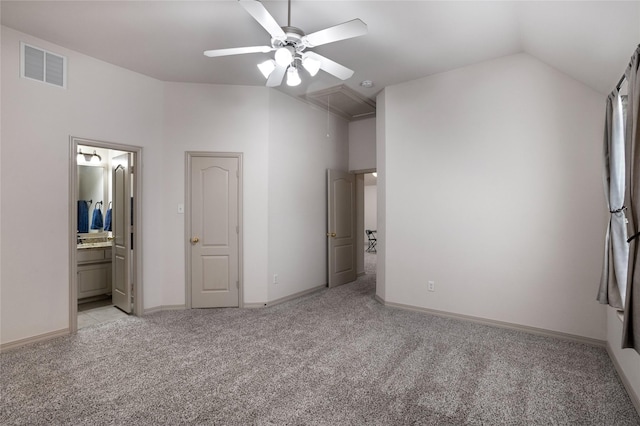 unfurnished bedroom with light colored carpet, baseboards, visible vents, and attic access