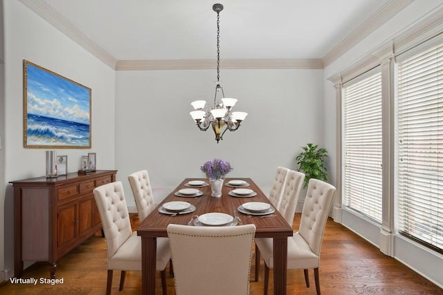 7816 Shady Oaks Dr, North Richland Hills, TX 76182 - dining room featuring a chandelier, ornamental molding, and wood finished floors