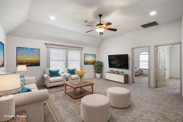 7816 Shady Oaks Dr, North Richland Hills, TX 76182 - living room featuring vaulted ceiling, ceiling fan, healthy amount of natural light, carpet, and recessed lighting