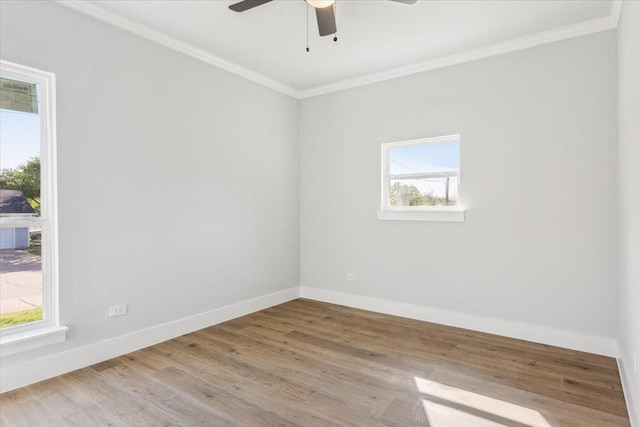 spare room featuring baseboards, ornamental molding, a ceiling fan, and wood finished floors