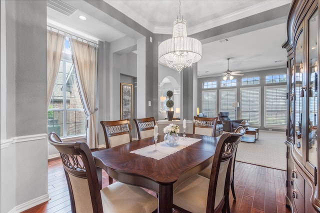 4009 Fairfax Ct, Flower Mound, TX 75028 - dining room featuring dark wood-style floors, crown molding, a chandelier, baseboards, and ceiling fan