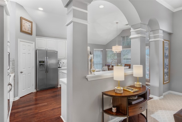 4009 Fairfax Ct, Flower Mound, TX 75028 - hall featuring decorative columns, dark wood-type flooring, high vaulted ceiling, baseboards, and recessed lighting