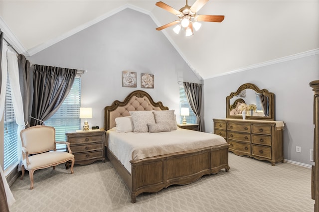 4009 Fairfax Ct, Flower Mound, TX 75028 - bedroom featuring light colored carpet, crown molding, high vaulted ceiling, and ceiling fan