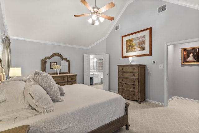 4009 Fairfax Ct, Flower Mound, TX 75028 - bedroom with light colored carpet, baseboards, ensuite bath, crown molding, and ceiling fan