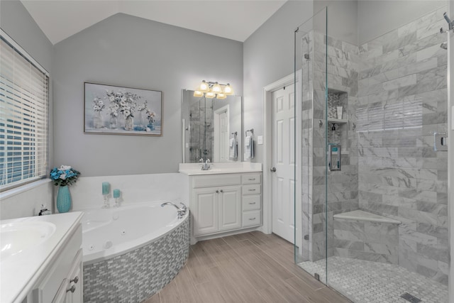 4009 Fairfax Ct, Flower Mound, TX 75028 - bathroom with a shower stall, vanity, a tub with jets, and lofted ceiling