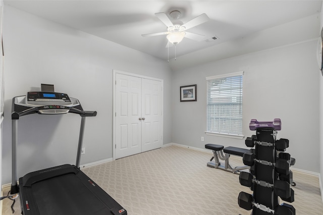4009 Fairfax Ct, Flower Mound, TX 75028 - workout room featuring a ceiling fan, carpet floors, and baseboards
