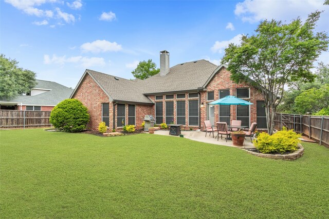 4009 Fairfax Ct, Flower Mound, TX 75028 - rear view of property with brick siding, a patio area, a chimney, and a shingled roof