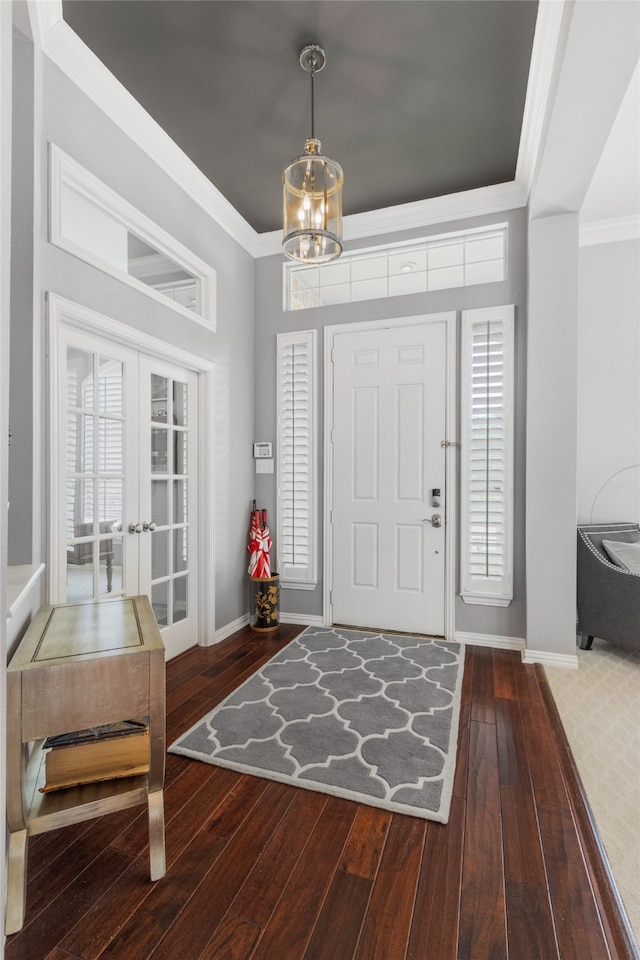 4009 Fairfax Ct, Flower Mound, TX 75028 - entrance foyer featuring a chandelier, hardwood / wood-style floors, crown molding, french doors, and baseboards