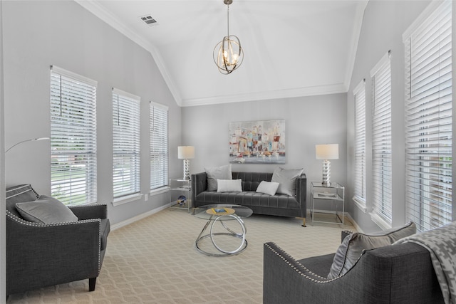 4009 Fairfax Ct, Flower Mound, TX 75028 - carpeted living room with baseboards, vaulted ceiling, a chandelier, and crown molding