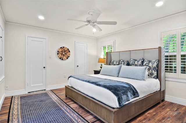 bedroom with recessed lighting, dark wood-style floors, baseboards, and ceiling fan