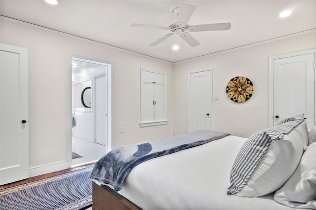 bedroom with baseboards, recessed lighting, a ceiling fan, connected bathroom, and wood finished floors
