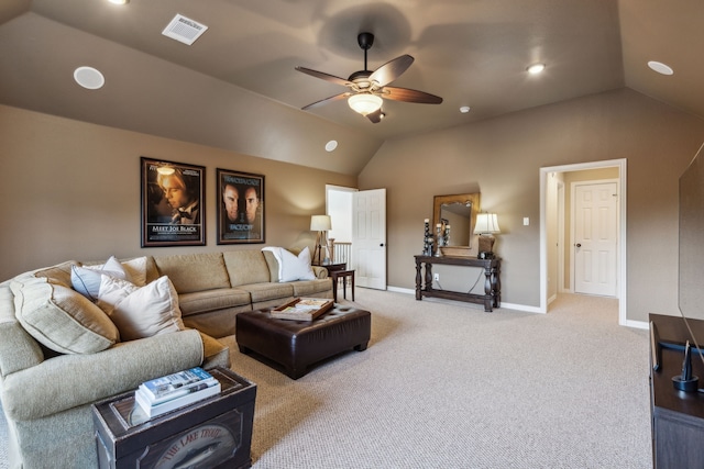 living area with carpet flooring, baseboards, visible vents, lofted ceiling, and a ceiling fan