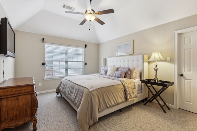 bedroom featuring ceiling fan, light carpet, baseboards, lofted ceiling, and visible vents