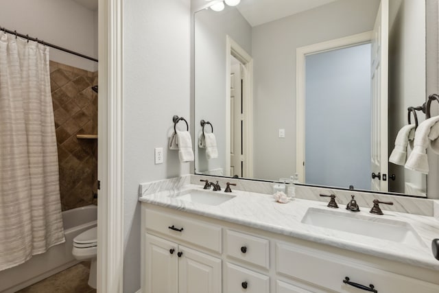full bathroom with shower / bath combo, a sink, double vanity, and toilet