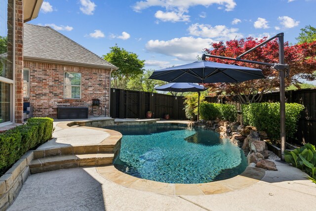 view of pool featuring a fenced in pool, a patio area, and a fenced backyard