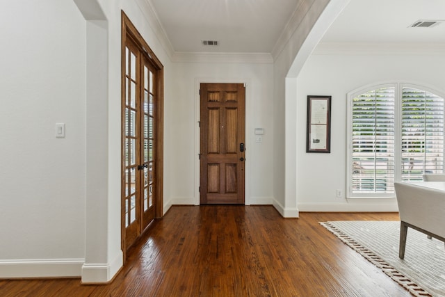 entryway with french doors, baseboards, a wealth of natural light, and dark wood-type flooring