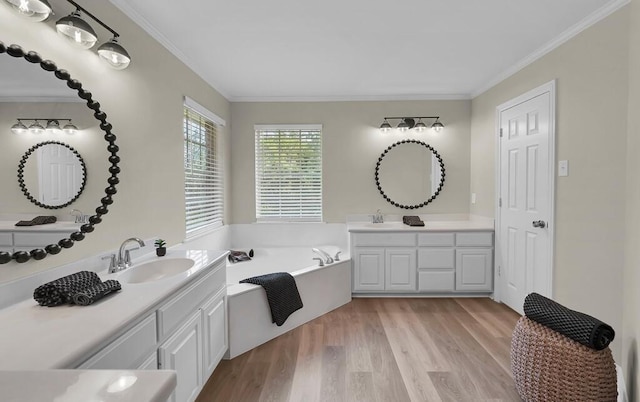 full bathroom with wood finished floors, a garden tub, crown molding, and a sink