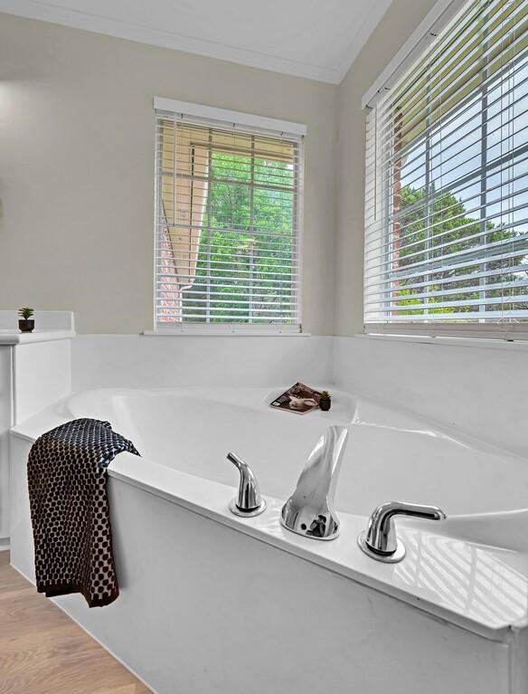 full bathroom featuring ornamental molding, a garden tub, a healthy amount of sunlight, and wood finished floors