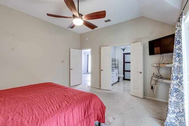bedroom with vaulted ceiling, light carpet, baseboards, visible vents, and a ceiling fan