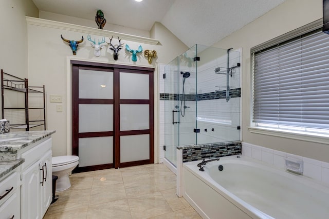 full bath featuring vanity, a bath, toilet, a stall shower, and vaulted ceiling